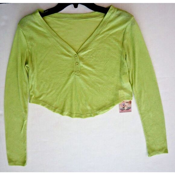 Halara Women's Sz S Reed Green V-Neck Button L/S Curved Hem Cropped Top - Picture 3 of 9
